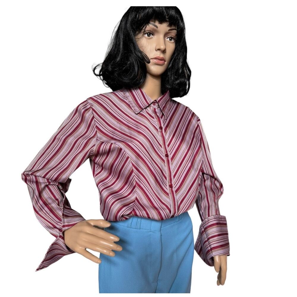 Vintage 70's Retro stripped bouse dagger collar large fold back cuffs size large